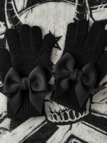 Finger Pads Black Gloves Gothic Details Cutout Bowknot at