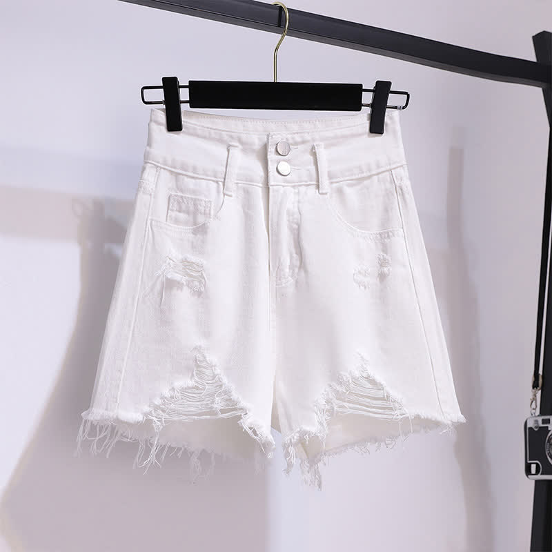 Chic Stripe Pocket Lapel T-Shirt Ripped Denim Shorts modakawa