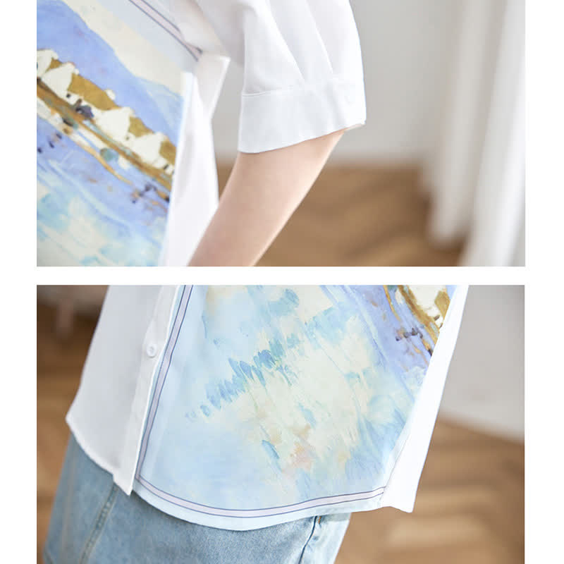 White Irregular Painting Print Chiffon Lapel Shirt