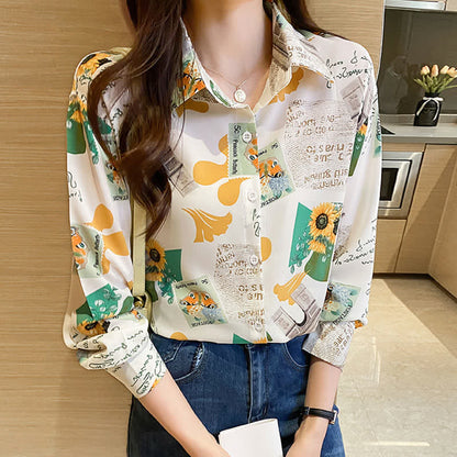 Chic Floral Letter Print Chiffon Shirt Workwear