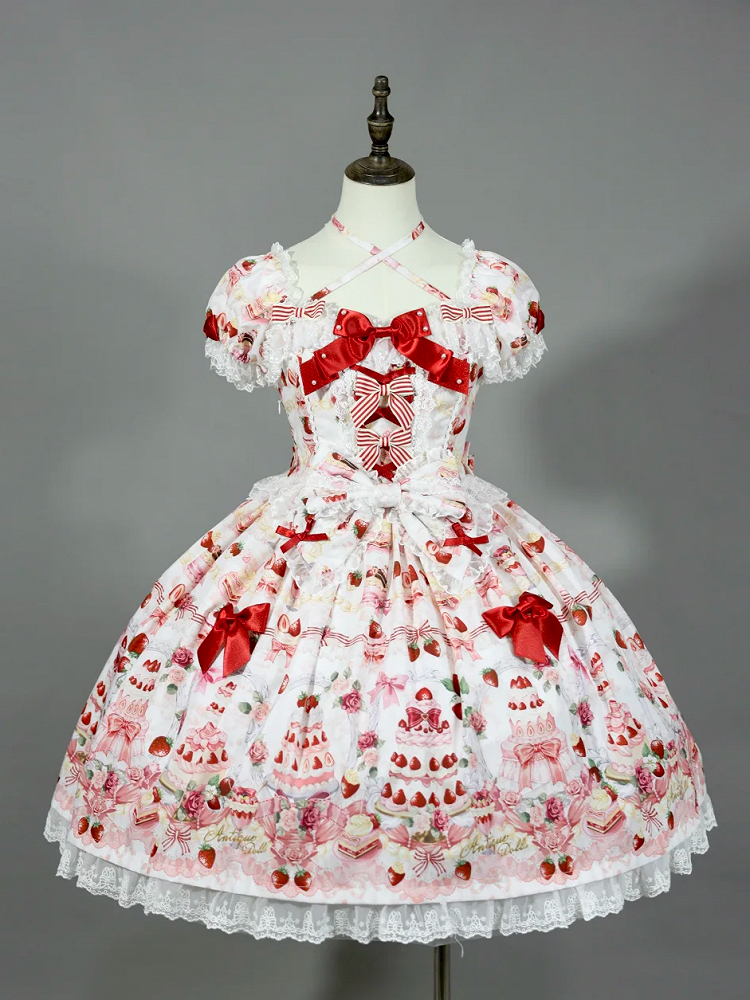 White Strawberry / Accents Sweet Set Dress Full Cake Print Lolita Bow