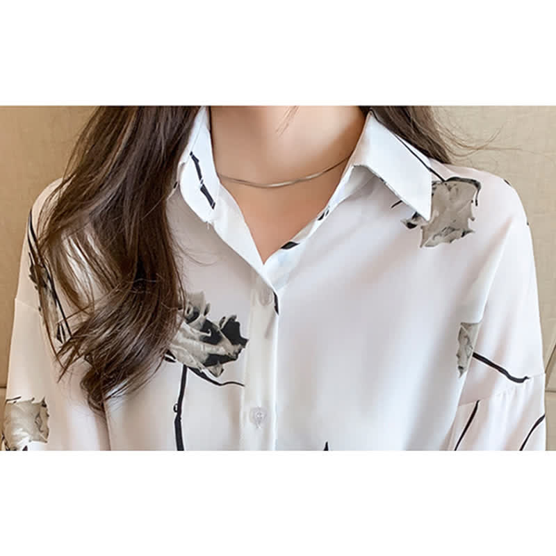 Rose Print Lapel Satin Shirt