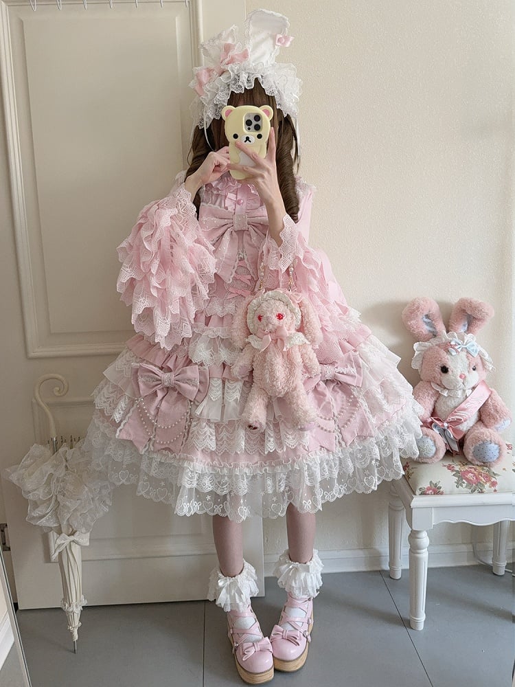 Bead Lolita Chain Decoration Bows Pink Tiered Big Dress Hanayome Skirt