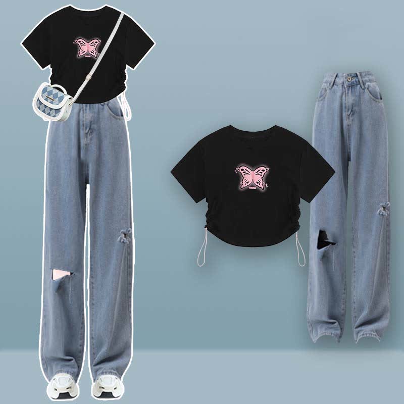 Butterfly Print Draw String T-Shirt Pocketed Cargo Pants