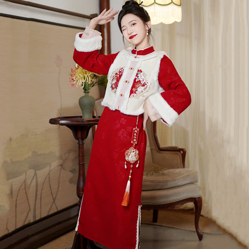 Cute Rabbit Cardigan Vest Split Cheongsam Dress