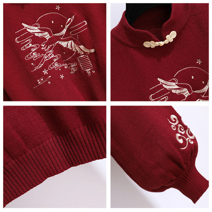 Casual Crane Embroideriy Sweater Hoodie Dragon Pattern Split Pants