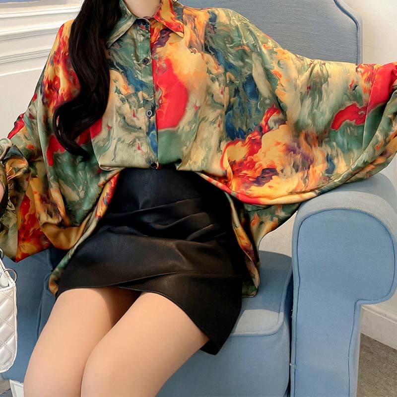 Vintage Floral Batwing Sleeve Lapel Shirt Workwear