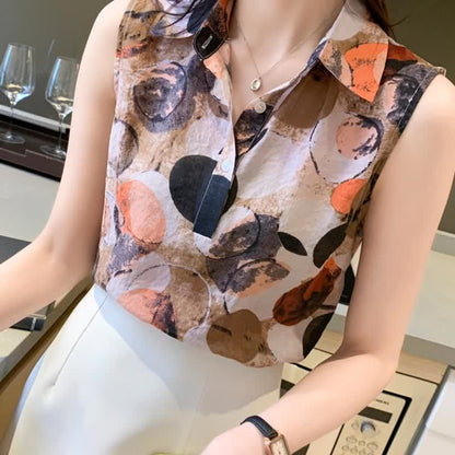 Vintage Floral Print Sleeveless Shirt Workwear