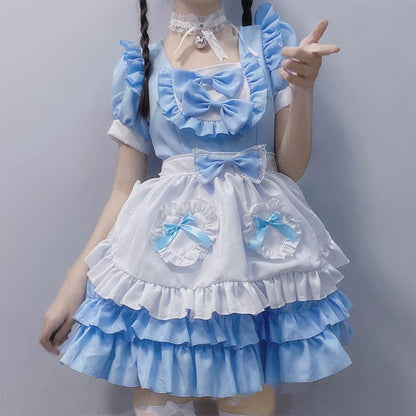 Kawaii Blue Lace Up Bow Maid Lolita Dress