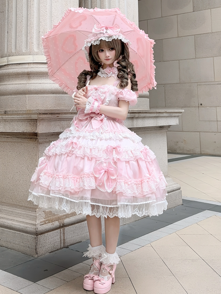 Pink Dress Sweet Back Princess Bow Bead with Lolita and Details Big at Accents