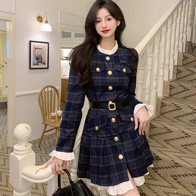 Chic Elegant Print Long Sleeve Pleated Dress