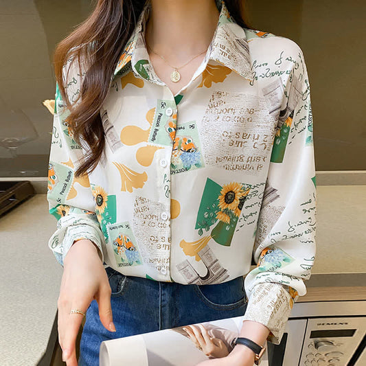 Chic Floral Letter Print Chiffon Shirt Workwear