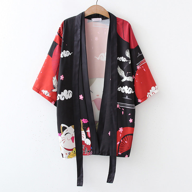 Red Anime Lucky Cat Cardigan Kimono Outerwear