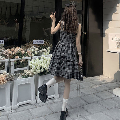 Sweet Lattice Print Bow Knot Slip Dress