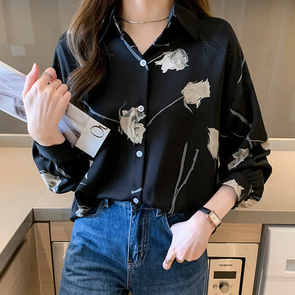 Rose Print Lapel Satin Shirt