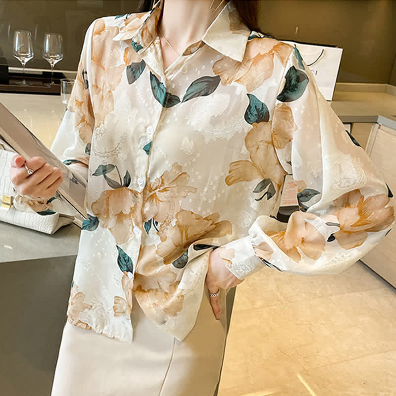 Sweet Floral Puff Sleeve Lapel Chiffon Shirt