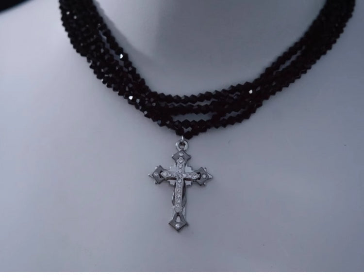 Silver Cross Pendant Black Multi Layers Necklace