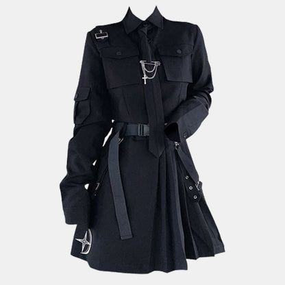 Cool Black Pocket Shirt Pleated Skirt Tie Set