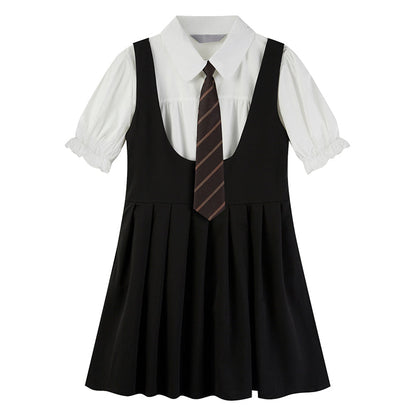 Kawaii Puff Sleeve T-Shirt Tie Pleated Suspender Skirt Set