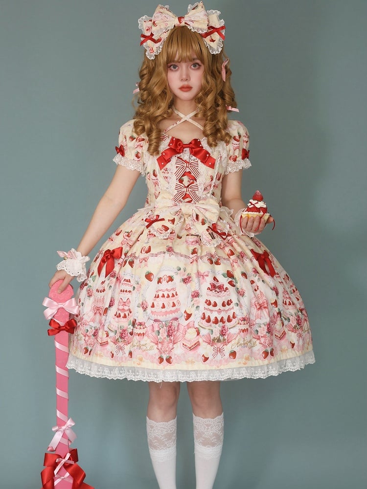 Yellow Sweet Set Lolita Full Strawberry Accents / Dress Print Cake Bow