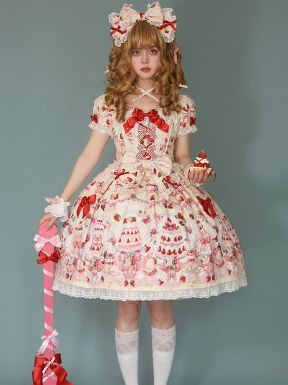 Yellow Sweet Set Lolita Full Strawberry Accents / Dress Print Cake Bow