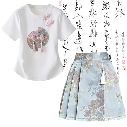 Sweet Print T-Shirt High Waist Pleated Skirt