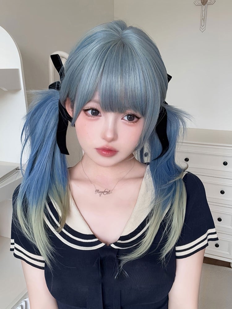 Length Hair Wig With 65CM Blue Cut Straight Color Bangs Hime Air Ombre