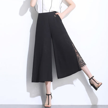 Elegant Black Lace Stitching Wide Leg Pants