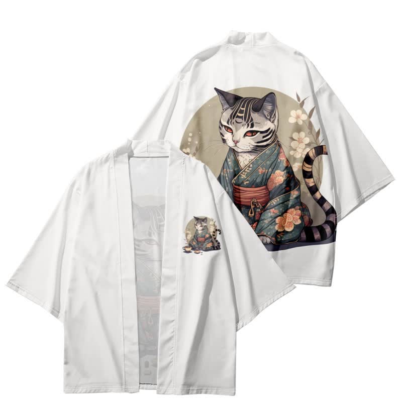 Cute Cat Warriors Print Cardigan Kimono Outerwear