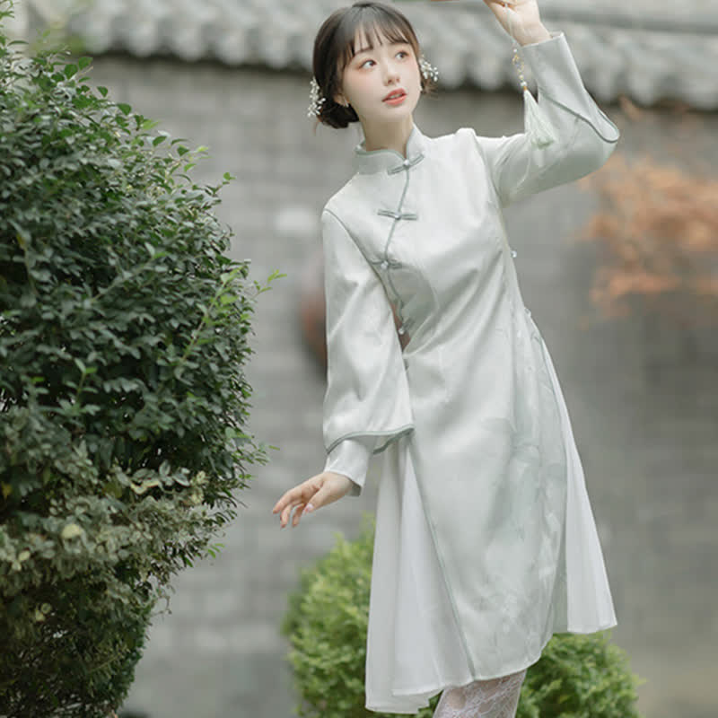 Elegant Floral Print Cheongsam Dress Coat Two Pieces Set