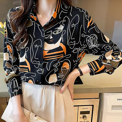 Color Abstract Graffiti Print Chiffon Shirt