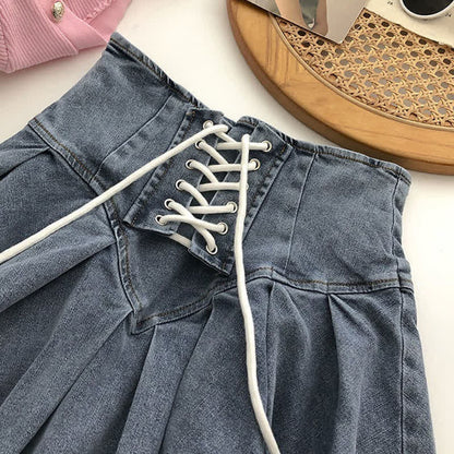 Sweet High Waist Lace Undershorts Lace-up Denim Skirt