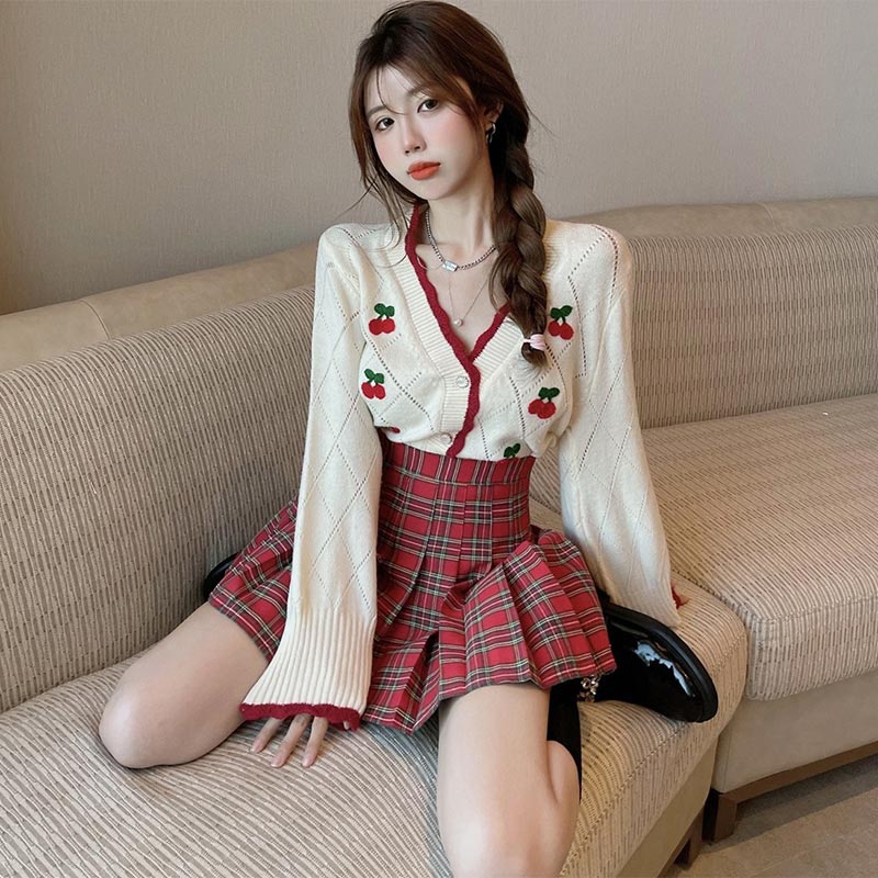 Cherry Embroidery Sweater Plaid Skirt Set