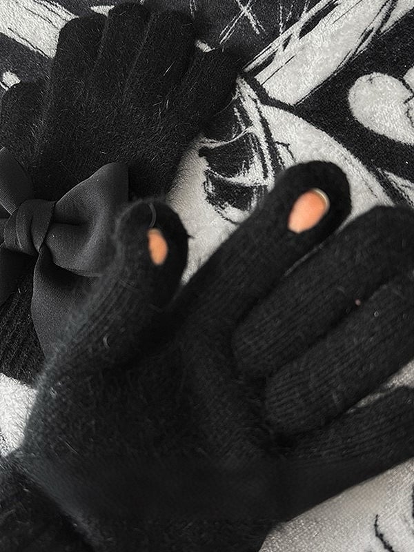 Finger Pads Black Gloves Gothic Details Cutout Bowknot at