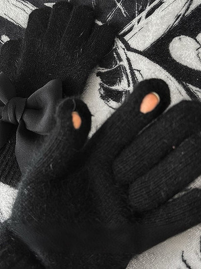 Finger Pads Black Gloves Gothic Details Cutout Bowknot at