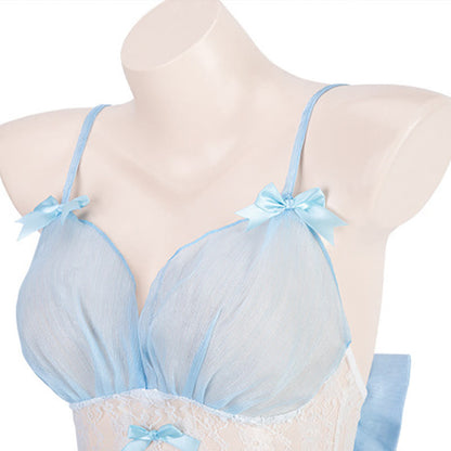 Fairy Blue Maid V-neck Slip Lingerie Dress Stockings Set