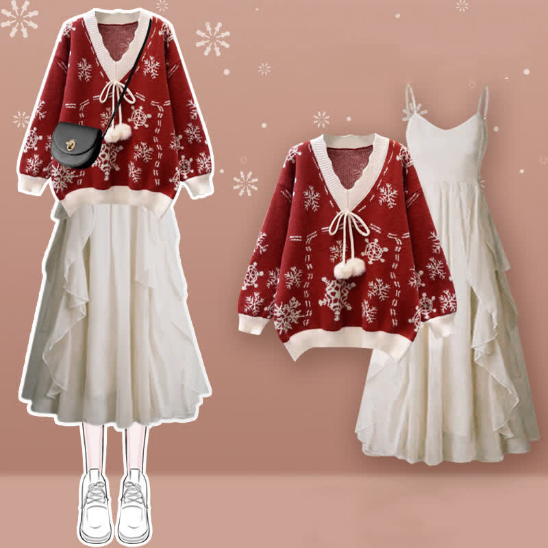 Snowflake Print Fuzzy Ball Sweater Flouncing Slip Dress