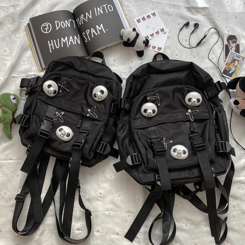 Black Panda Pin Backpack Crossbody Bag