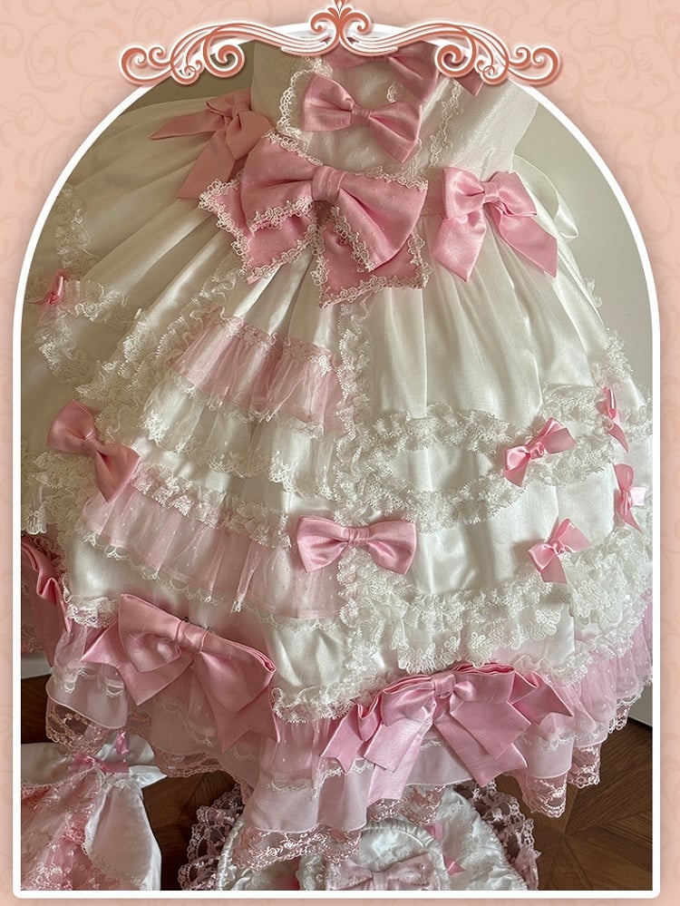 Princess Detachable with White High Sleeves Waist Accents Sweet Lolita Pink Dress Bow
