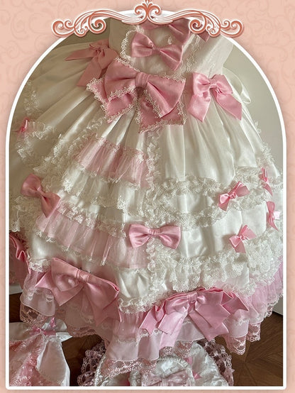 Princess Detachable with White High Sleeves Waist Accents Sweet Lolita Pink Dress Bow
