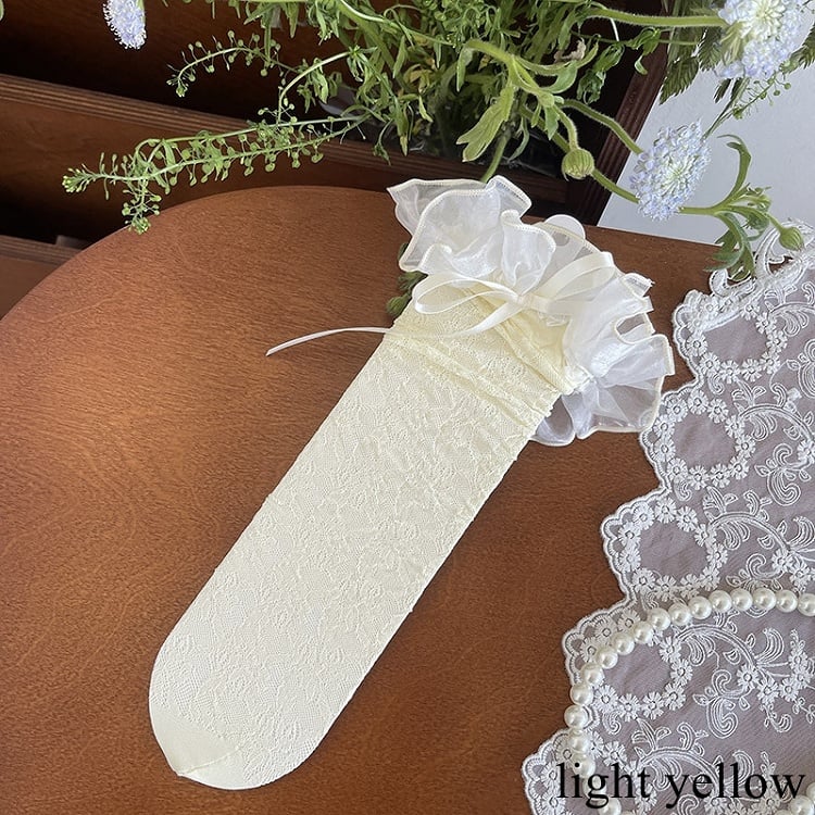 Hollow-out Details Bowknot Yellow/White Trim Stockings Underknee Black/Light Lace