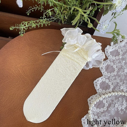 Hollow-out Details Bowknot Yellow/White Trim Stockings Underknee Black/Light Lace