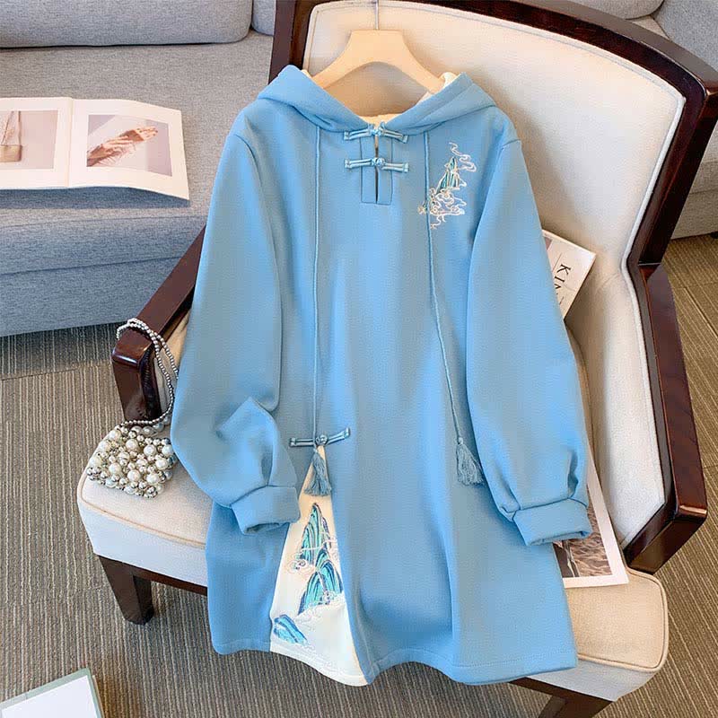 Vintage Embroidery Buckle Plush Hoooded Sweatshirt Dress