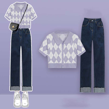 Rhombus Pattern Crop Top T-Shirt Denim Pants Set