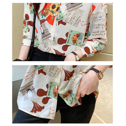 Chic Floral Letter Print Chiffon Shirt Workwear