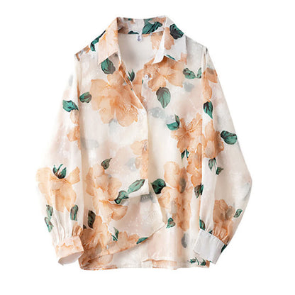 Sweet Floral Puff Sleeve Lapel Chiffon Shirt