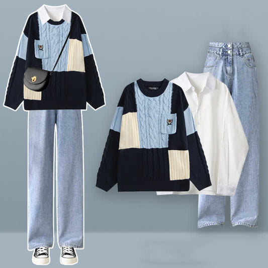 Colorblock Cable Knit Sweater Shirt Denim Pants Set