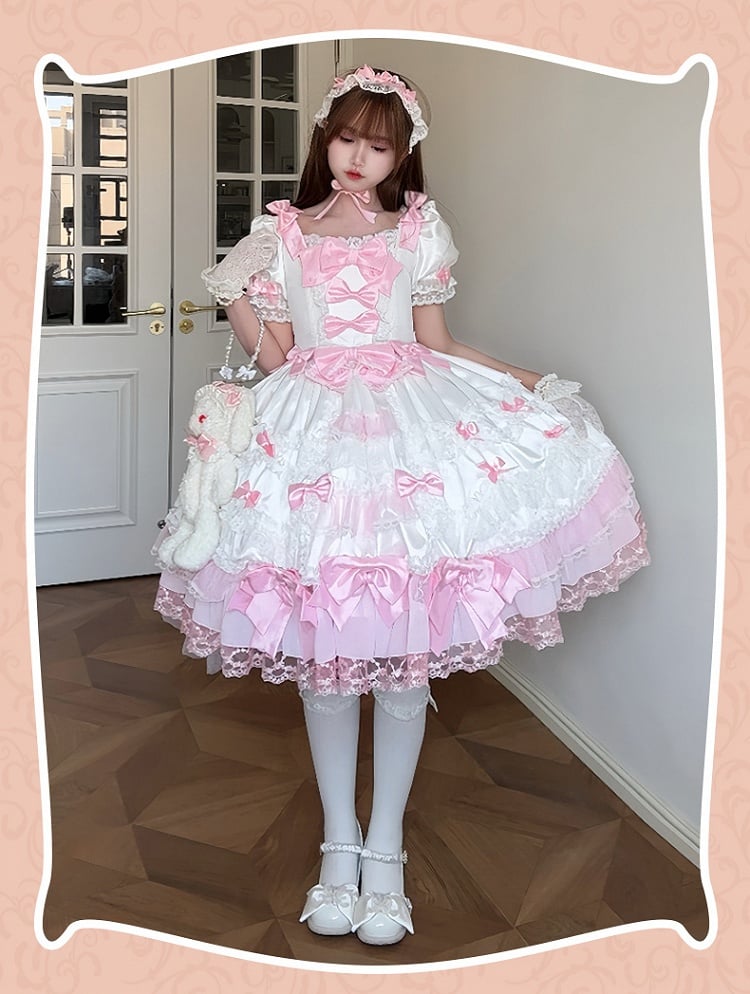 Princess Detachable with White High Sleeves Waist Accents Sweet Lolita Pink Dress Bow