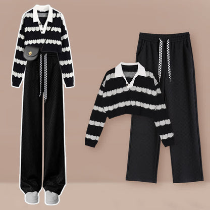 Black Heart Pattern Stripe Sweater Casual Pants Modakawa