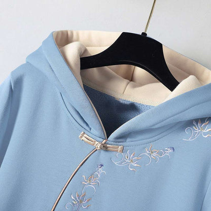 Blue Embroidery Loose Hoodie Vintage Sweatshirt Dress